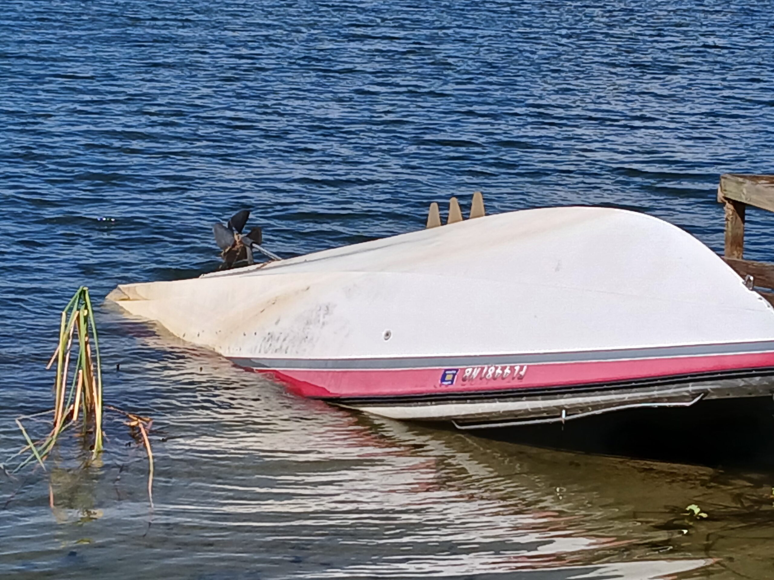 Overturned white and red boat at the water’s edge