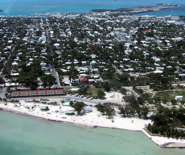 Tropical beach shoreline in Key West with palm trees and turquoise water