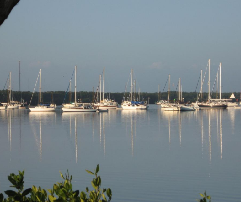 Boats docked at marina in Marathon Florida Keys with clear blue water